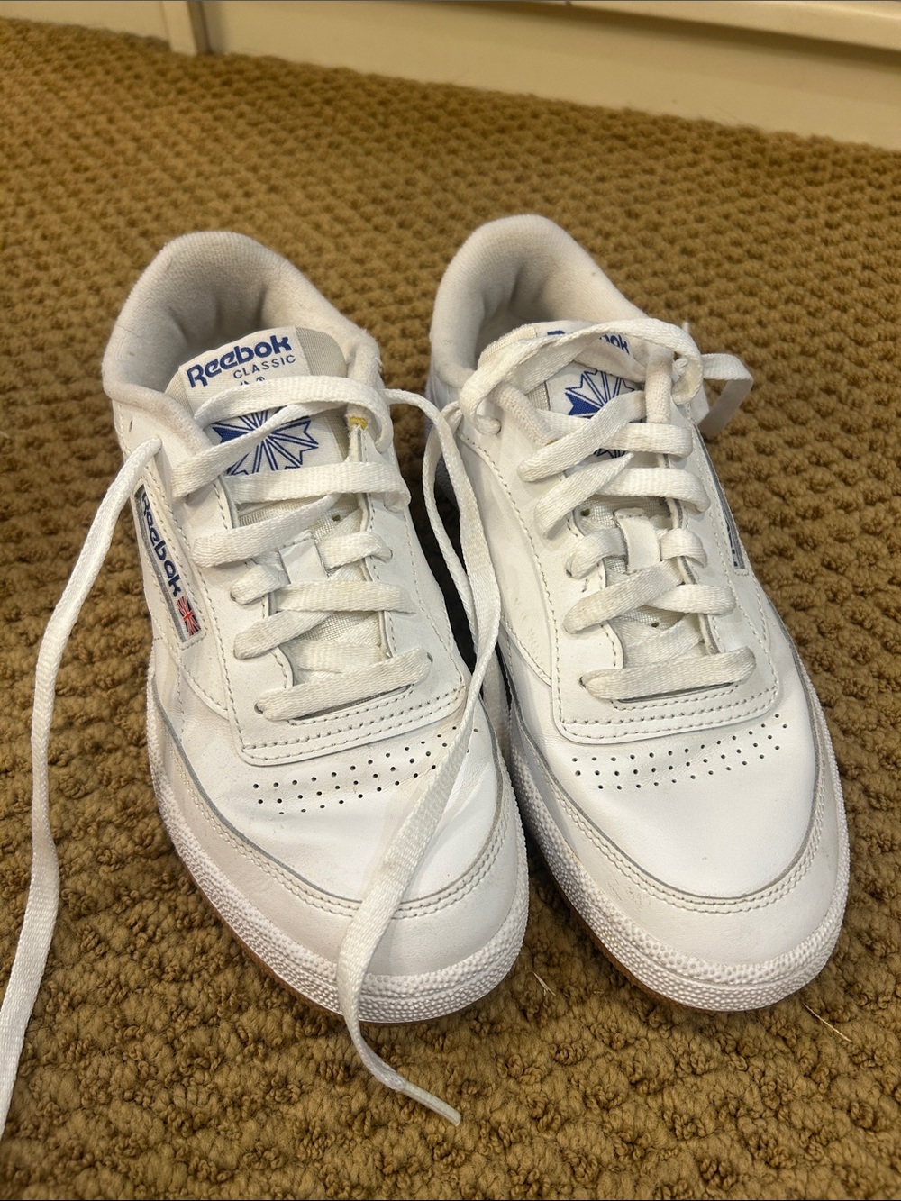 Reebok White Leather Sneakers with Blue Logo Accents